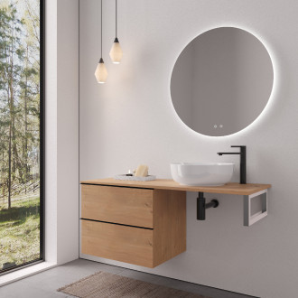 CERANO - Deska pod umyvadlo Navira Slim - 161x46,5x1,8 cm  - skříňka Velora 79 cm - dub medový, černá úchytka - konzole chrom