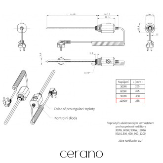 CERANO - Elektrická topná tyč s termostatem 1200W - bílá lesklá