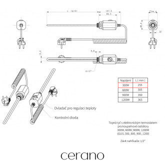CERANO - Elektrická topná tyč s termostatem 300W - černá lesklá