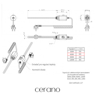 CERANO - Elektrická topná tyč s termostatem 600W - černá matná