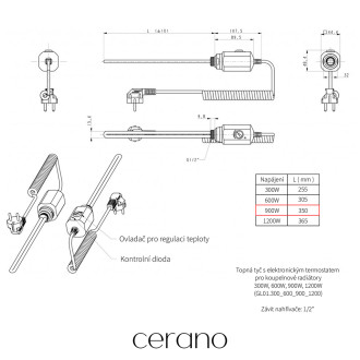 CERANO - Elektrická topná tyč s termostatem 900W - černá matná