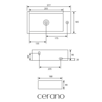 CERANO - Keramické umývátko Roberto, závěsné pravé - bílá lesklá - 37,7x18,5 cm