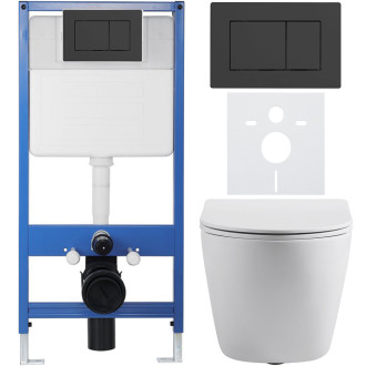 CERANO - Kompletní podomítkový WC set Lite/Cesso - bílá matná - WC tlačítko Classic, černé matné - předstěnová instalace/sádrokarton - 49x36 cm