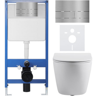 CERANO - Kompletní WC set Profi/Cesso - bílá matná - WC tlačítko Line/Nerez - předstěnová instalace - 49x36 cm