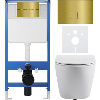 CERANO - Kompletní WC set Profi/Cesso - bílá matná - WC tlačítko Line. zlatá - předstěnová instalace - 49x36 cm
