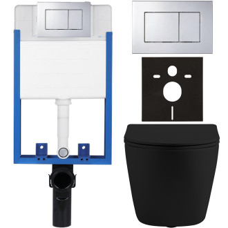 CERANO - Kompletní podomítkový WC set Lite/Cesso - černá matná - WC tlačítko Classic, chrom - k zazdění - 49x36 cm