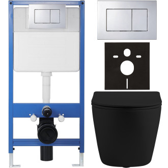 CERANO - Kompletní podomítkový WC set Lite/Cesso - černá matná - WC tlačítko Classic, chrom - předstěnová instalace/sádrokarton - 49x36 cm