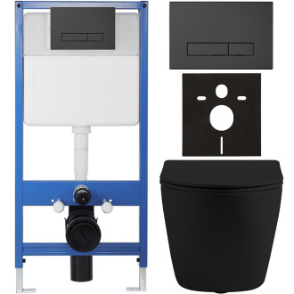 CERANO - Kompletní podomítkový WC set Lite/Cesso - černá matná - WC tlačítko Slim, černé matné - předstěnová instalace/sádrokarton - 49x36 cm