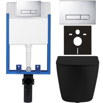 CERANO - Kompletní podomítkový WC set Lite/Cesso - černá matná - WC tlačítko Slim, chrom - k zazdění - 49x36 cm