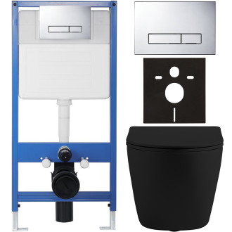 CERANO - Kompletní podomítkový WC set Lite/Cesso - černá matná - WC tlačítko Slim, chrom - předstěnová instalace/sádrokarton - 49x36 cm