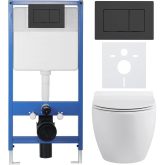 CERANO - Kompletní WC set Profi/Dure - bílá lesklá - WC tlačítko Classic/Černá matná - předstěnová instalace - 51x35 cm