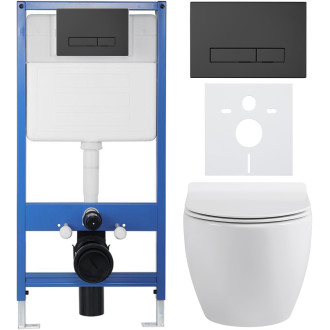 CERANO - Kompletní WC set Profi/Dure - bílá lesklá - WC tlačítko Slim/Černá matná - předstěnová instalace - 51x35 cm