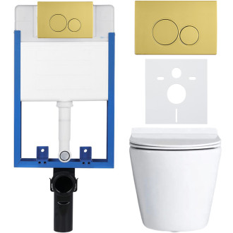 CERANO - Kompletní WC set Profi/Carlito - bílá lesklá - WC tlačítko Duo/Zlatá - pro zazdění - 48,5x36,5 cm