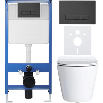 CERANO - Kompletní podomítkový WC set Lite/Norbi - bílá lesklá - WC tlačítko Slim, černé matné - předstěnová instalace/sádrokarton - 48,5x36,5 cm