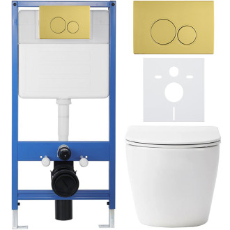 CERANO - Kompletní WC set Profi/Cesso - bílá lesklá - WC tlačítko Duo/Zlatá - předstěnová instalace - 49x36 cm