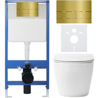 CERANO - Kompletní WC set Profi/Cesso - bílá lesklá - WC tlačítko Line/Zlatá - předstěnová instalace - 49x36 cm