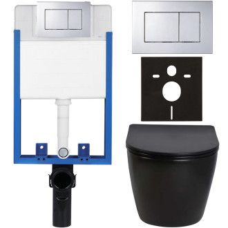 CERANO - Kompletní podomítkový WC set Lite/Verde - černá lesklá - WC tlačítko Classic, chrom - k zazdění - 49x36 cm