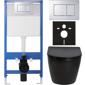 CERANO - Kompletní podomítkový WC set Lite/Verde - černá lesklá - WC tlačítko Classic, chrom - předstěnová instalace/sádrokarton - 49x36 cm