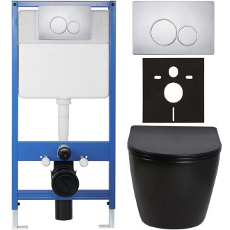 CERANO - Kompletní WC set Profi/Cesso - černá lesklá - WC tlačítko Duo/Chrom - předstěnová instalace - 49x36 cm