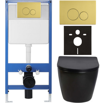 CERANO - Kompletní WC set Profi/Cesso - černá lesklá - WC tlačítko Duo/Zlatá - předstěnová instalace - 49x36 cm