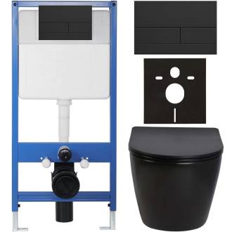 CERANO - Kompletní WC set Profi/Cesso - černá lesklá - WC tlačítko Line/Černá lesklá - předstěnová instalace - 49x36 cm