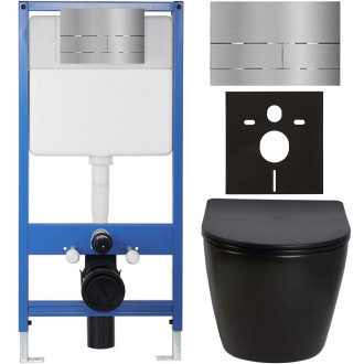 CERANO - Kompletní WC set Profi/Cesso - černá lesklá - WC tlačítko Line/Nerez - předstěnová instalace - 49x36 cm