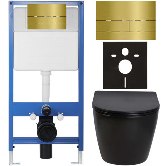 CERANO - Kompletní WC set Profi/Cesso - černá lesklá - WC tlačítko Line/Zlatá - předstěnová instalace - 49x36 cm