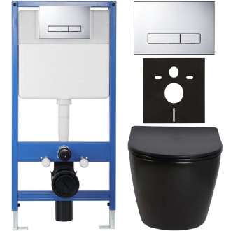 CERANO - Kompletní podomítkový WC set Lite/Verde - černá lesklá - WC tlačítko Slim, chrom - předstěnová instalace/sádrokarton - 49x36 cm