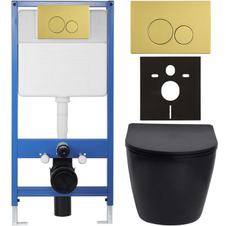 CERANO - Kompletní WC set Profi/Cesso - černá matná - WC tlačítko Duo/Zlatá - předstěnová instalace - 49x36 cm