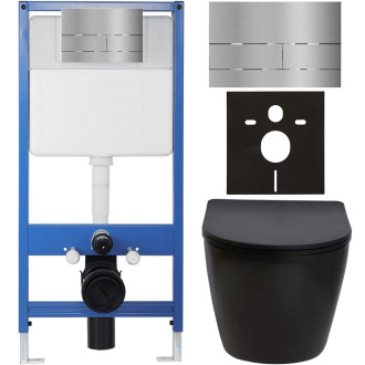 CERANO - Kompletní WC set Profi/Cesso - černá matná - WC tlačítko Line/Nerez - předstěnová instalace - 49x36 cm
