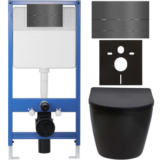 CERANO - Kompletní WC set Profi/Cesso - černá matná - WC tlačítko Line/Tmavě šedá - předstěnová instalace - 49x36 cm