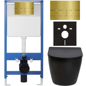 CERANO - Kompletní WC set Profi/Cesso - černá matná - WC tlačítko Line/Zlatá - předstěnová instalace - 49x36 cm