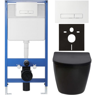CERANO - Kompletní podomítkový WC set Lite/Verde - černá matná - WC tlačítko Slim, bílé - předstěnová instalace/sádrokarton - 49x36 cm