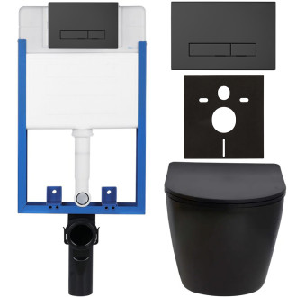 CERANO - Kompletní podomítkový WC set Lite/Verde - černá matná - WC tlačítko Slim, černé matné - k zazdění - 49x36 cm