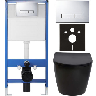 CERANO - Kompletní podomítkový WC set Lite/Verde - černá matná - WC tlačítko Slim, chrom - předstěnová instalace/sádrokarton - 49x36 cm