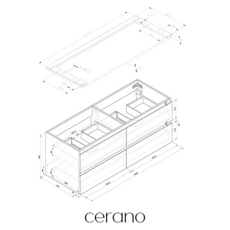CERANO - Koupelnová skříňka Carole s deskou pod umyvadlo - 36 mm - betonově šedá - 121x51,6x46,5 cm