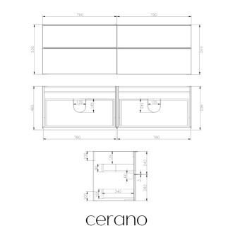 CERANO - Koupelnová skříňka pod umyvadlo s úchytkou Velora - černá matná, chromová úchytka - 158x53x45,2 cm