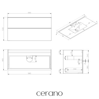 CERANO - Koupelnová skříňka pod umyvadlo s úchytkou Velora + keramické umyvadlo Todo - černá matná, černá úchytka - 99x53x46 cm