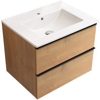 CERANO - Koupelnová skříňka pod umyvadlo s úchytkou Velora + keramické umyvadlo Todo - dub medový, černá úchytka - 59x53x46 cm