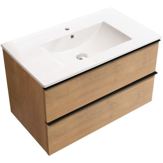 CERANO - Koupelnová skříňka pod umyvadlo s úchytkou Velora + keramické umyvadlo Todo - dub medový, černá úchytka - 99x53x46 cm