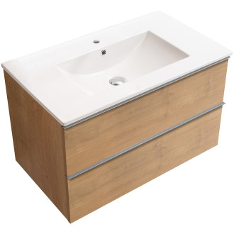 CERANO - Koupelnová skříňka pod umyvadlo s úchytkou Velora + keramické umyvadlo Todo - dub medový, chromová úchytka - 99x53x46 cm