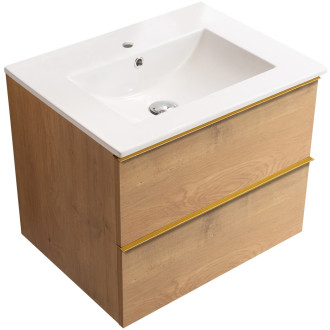 CERANO - Koupelnová skříňka pod umyvadlo s úchytkou Velora + keramické umyvadlo Todo - dub medový, zlatá úchytka - 59x53x46 cm