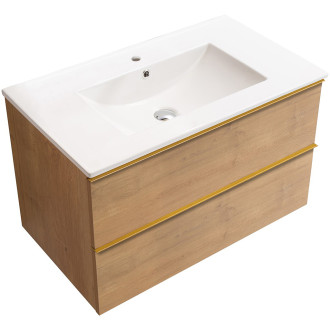 CERANO - Koupelnová skříňka pod umyvadlo s úchytkou Velora + keramické umyvadlo Todo - dub medový, zlatá úchytka - 79x53x46 cm