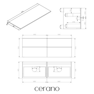 CERANO - Koupelnová skříňka pod umyvadlo s úchytkou/deskou pod umyvadlo Velora - 18 mm - černá matná, černá úchytka - 138x53x45,2 cm