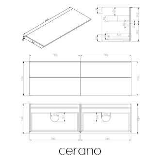 CERANO - Koupelnová skříňka pod umyvadlo s úchytkou/deskou pod umyvadlo Velora - 18 mm - černá matná, černá úchytka - 158x53x45,2 cm