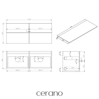 CERANO - Koupelnová skříňka pod umyvadlo s úchytkou/deskou pod umyvadlo Velora - 18 mm - dub medový, černá úchytka - 119x53x45,2 cm