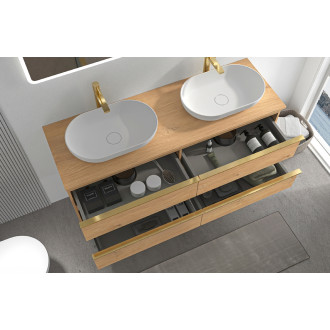 CERANO - Koupelnová skříňka Velora - dub medový, úchytka zlatá + deska pod umyvadlo Navira Slim - 18 mm - 120x54,8x46,5 cm