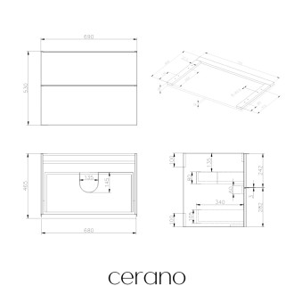 CERANO - Koupelnová skříňka pod umyvadlo s úchytkou/deskou pod umyvadlo Velora - 36 mm - bílá matná, černá úchytka - 69x53x46 cm
