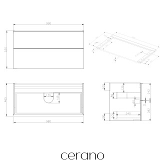 CERANO - Koupelnová skříňka pod umyvadlo s úchytkou/deskou pod umyvadlo Velora - 36 mm - černá matná, chromová úchytka - 99x53x46 cm