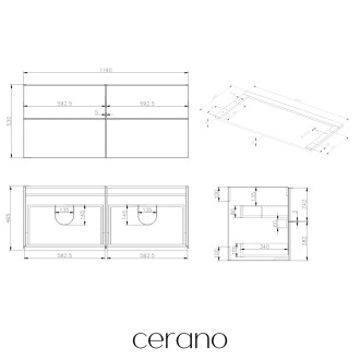 CERANO - Koupelnová skříňka pod umyvadlo s úchytkou/deskou pod umyvadlo Velora - 36 mm - černá matná, zlatá úchytka - 119x53x45,2 cm